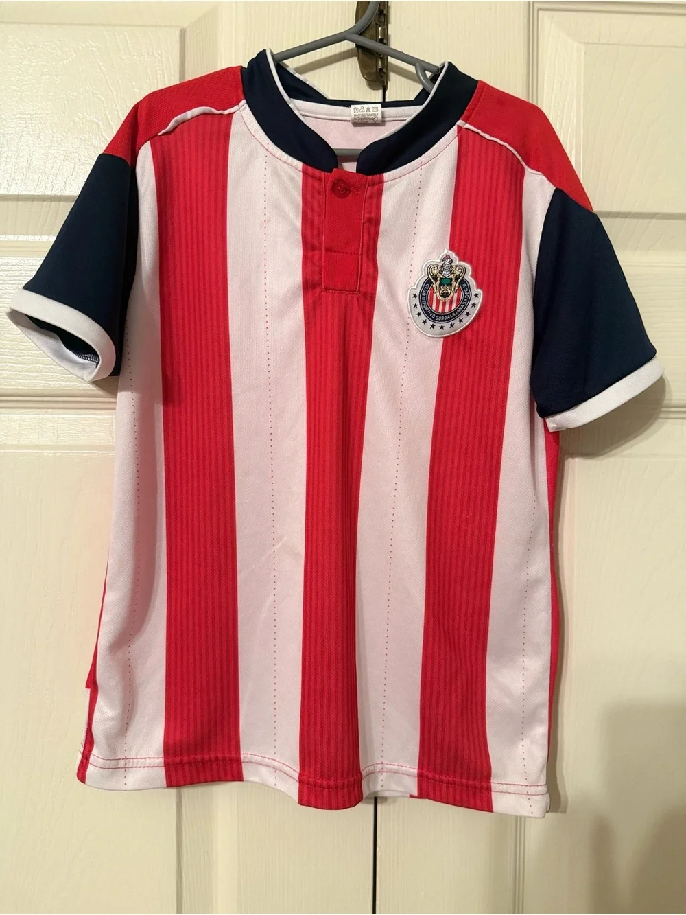 Kids Red & White Striped Soccer Jersey with Navy Sleeves
